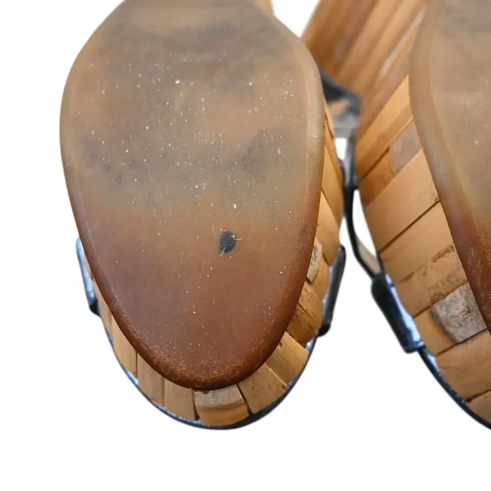 Prada Blue Metallic Leather Bamboo Wedge Platform Sandals Size 39